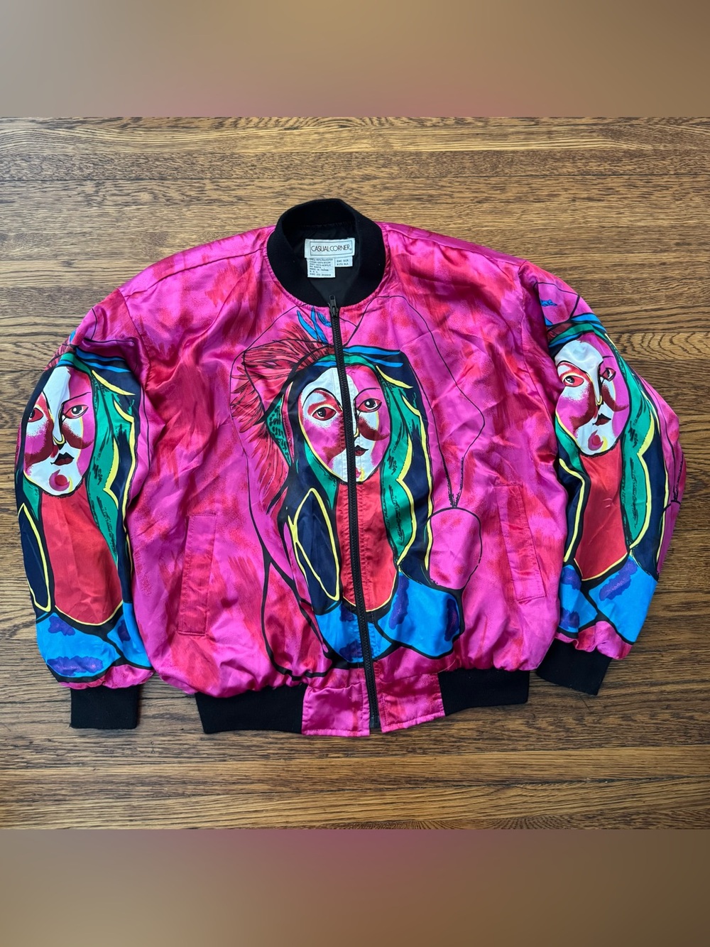 Vintage Colorful Abstract Jewel Tone Satin Zip-Up Bomber Jacket M/L/XL Pink Silk